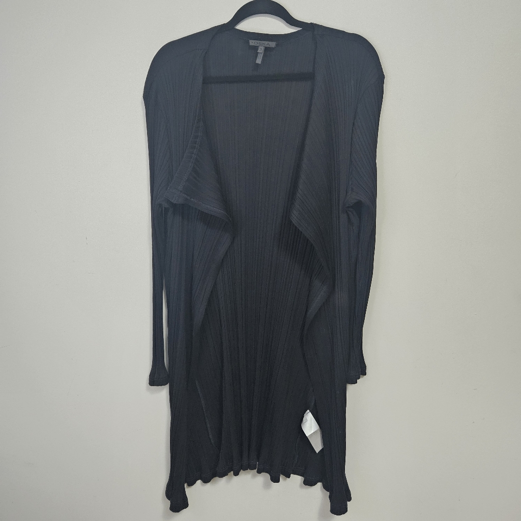 Oska Ribbed Long Cardigan Sz L / 3 Open Front Black Cotton Lagenlook